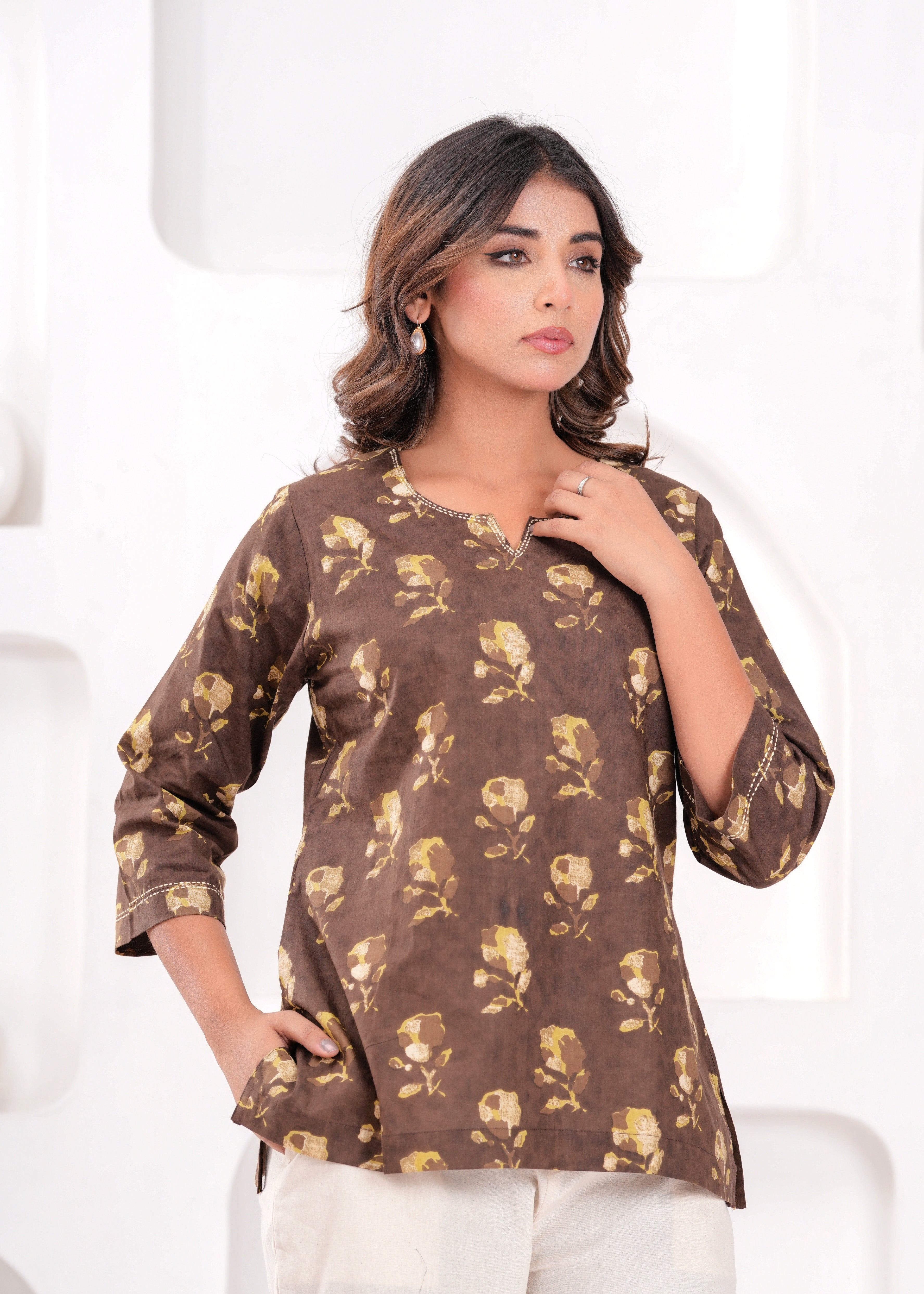 Cocoa Brown Printed Cotton Top